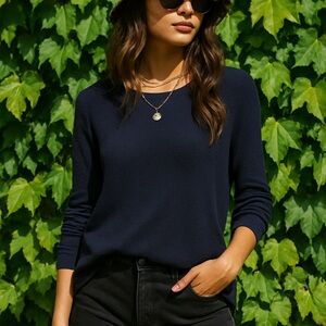 VINCE. Side Zip Navy Pointelle Sweater, XS